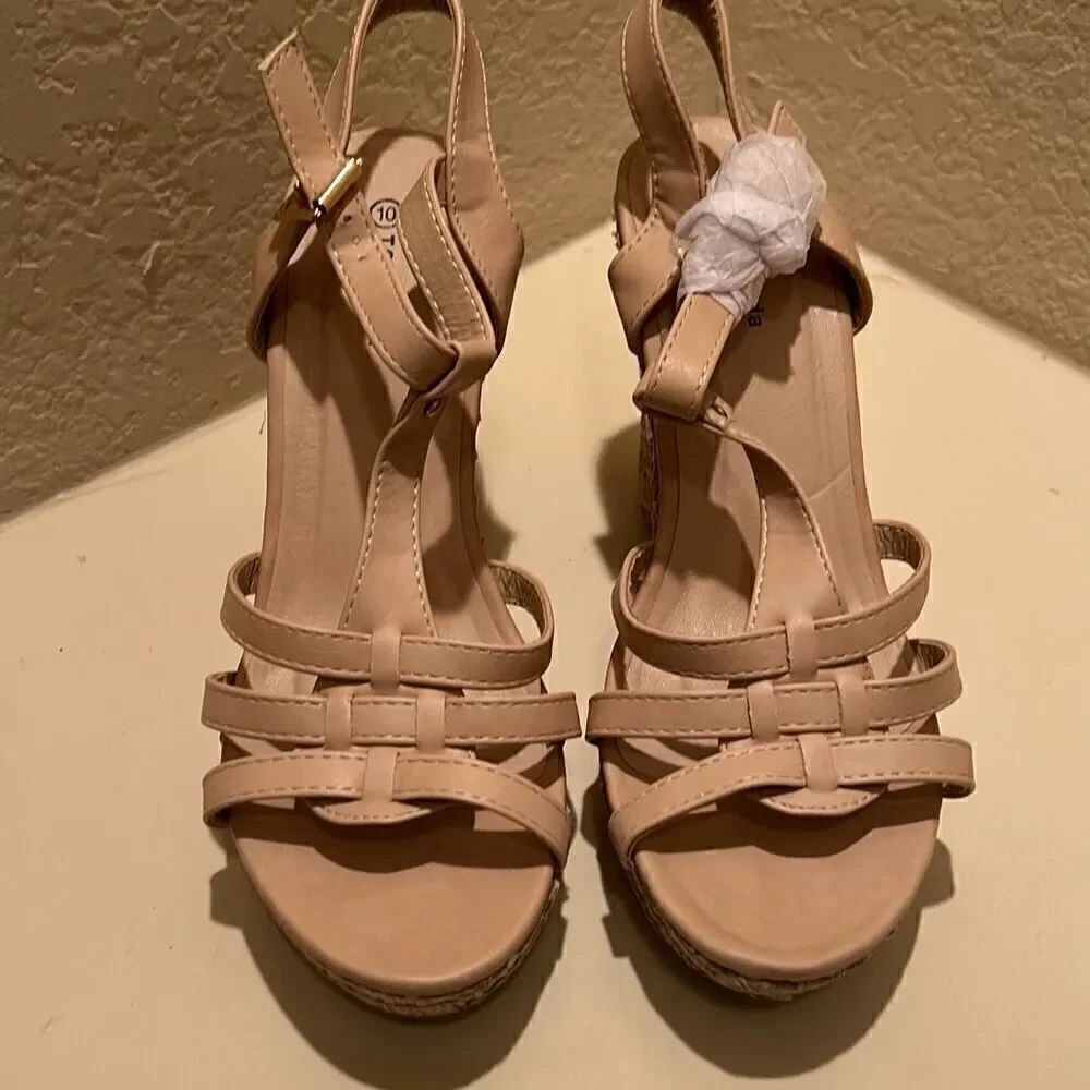 Top Moda Women's 10 Strappy Espadrille Platform Wedge Sandals Blush And Tan New